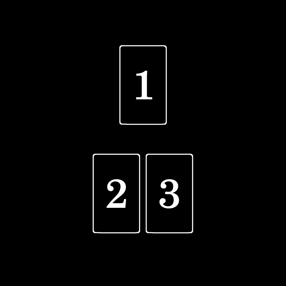 Black and white image of three cards; one above and two side-by-side below it