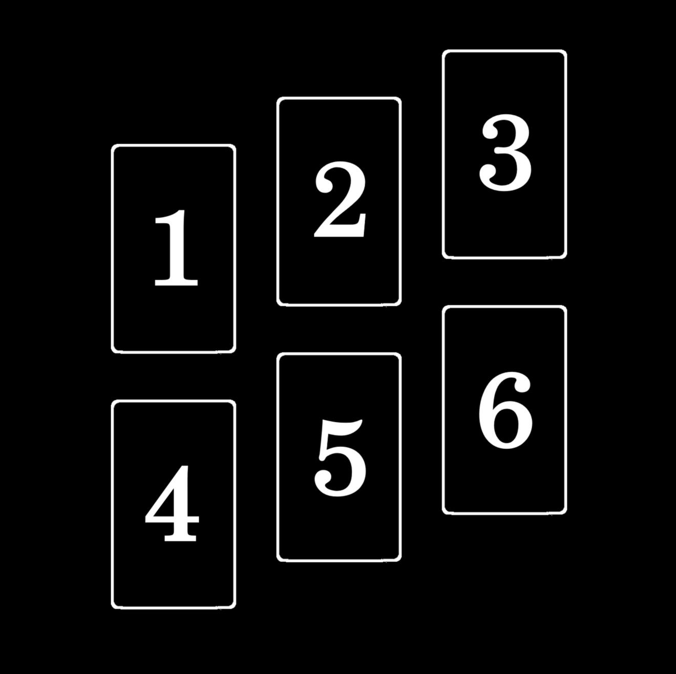 Black and white image of six cards arranged in two rows slanted upwards